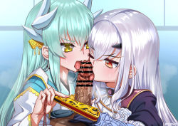 Rule 34 | 1boy, 2girls, blue dress, blush, breasts, censored, cooperative fellatio, dragon horns, dress, melusine (fate), fate/grand order, fate (series), fellatio, forked eyebrows, hetero, horns, japanese clothes, kimono, kiyohime (fate), large breasts, licking, licking penis, long hair, long sleeves, multiple girls, multiple horns, open mouth, oral, penis, sekai saisoku no panda, sidelocks, small breasts, tagme, white hair, yellow eyes