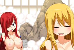 Rule 34 | 2girls, arm tattoo, bath, bathing, blonde hair, blush, breasts, brown eyes, cleavage, closed eyes, collarbone, erza scarlet, facing another, facing away, fairy tail, gaston18, hair over one eye, large breasts, long hair, looking at another, lucy heartfilia, multiple girls, nipples, one eye covered, open mouth, red hair, rock, steam, sweat, sweatdrop, tattoo, tongue, topless, upper body, wide-eyed