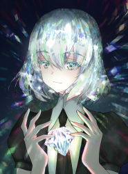 Rule 34 | androgynous, black necktie, black shirt, blue eyes, blue hair, clara v, closed mouth, collared shirt, commentary request, diamond (gemstone), diamond (houseki no kuni), gem, gender request, glint, hair between eyes, hands up, holding, houseki no kuni, multicolored eyes, multicolored hair, necktie, puffy short sleeves, puffy sleeves, shirt, short hair, short sleeves, smile, solo, upper body, white shirt, wing collar