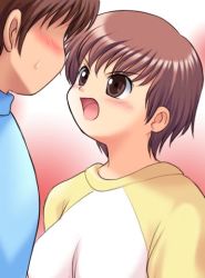 Rule 34 | 1boy, 1girl, angry, blush, breasts, brown eyes, brown hair, looking at another, lowres, matching hair/eyes, medium breasts, medium hair, morisaki ruri, open mouth, sweat, tanuki gakuen, true love story, two-tone shirt, shouting