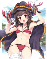 Rule 34 | 1girl, 2others, bandages, bandaged leg, bandages, bikini, black cape, black hair, blue sky, breasts, cape, cloud, commentary request, cowboy shot, day, gluteal fold, hat, highres, kasai shin, kono subarashii sekai ni shukufuku wo!, lobster, looking at viewer, megumin, multiple others, o-ring, o-ring bikini, o-ring top, open mouth, outdoors, red bikini, red eyes, short hair, sky, small breasts, smile, swimsuit, witch hat