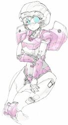 Rule 34 | 1girl, arcee, autobot, blue eyes, blush, hand on own arm, highres, ink (medium), looking at viewer, mecha, no humans, robot, science fiction, sitting, smile, solo, tenkiamet, traditional media, transformers, white background