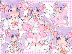 Rule 34 | 1girl, animal ears, blush, bow, cat, cat ears, cat girl, cherry blossoms, dress, hair bow, heart, highres, indie virtual youtuber, long hair, marking on cheek, miyu (vtuber), mooosikasite, pale skin, pout, purple eyes, purple hair, stuffed toy, thighhighs, twintails, virtual youtuber