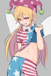Rule 34 | 1girl, american flag dress, american flag legwear, american flag print, american flag shirt, arm behind back, bare arms, blonde hair, breasts, clothes lift, clownpiece, commentary request, contrapposto, cowboy shot, dress, dress lift, fairy wings, grey background, grin, hair between eyes, half-closed eyes, hat, jester cap, lifted by self, long hair, looking at viewer, marsen, medium breasts, navel, neck ruff, pantyhose, polka dot, print shirt, red eyes, ringed eyes, shirt lift, short sleeves, simple background, smile, solo, sports bra, standing, star (symbol), star print, stomach, striped clothes, striped pantyhose, touhou, wings