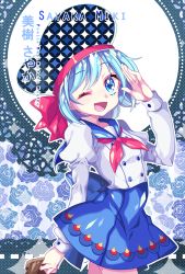 Rule 34 | 10s, 1girl, :d, bad id, bad pixiv id, blue eyes, blue hair, blue skirt, character name, copyright name, cowboy shot, doily, floral background, hat, high-waist skirt, ie (nyj1815), juliet sleeves, long sleeves, mahou shoujo madoka magica, mahou shoujo madoka magica (anime), matching hair/eyes, miki sayaka, one eye closed, open mouth, polka dot, polka dot background, puffy long sleeves, puffy sleeves, salute, short hair, skirt, smile, solo, teeth, unmoving pattern