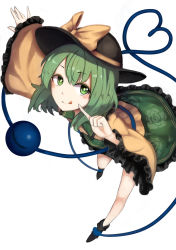 Rule 34 | 1girl, blush, boots, eyeball, floral print, full body, green hair, hako momiji, hat, hat ribbon, heart, heart of string, komeiji koishi, long sleeves, looking at viewer, outstretched arm, ribbon, shirt, short hair, simple background, skirt, skirt set, smile, solo, string, third eye, tongue, tongue out, touhou, white background, wide sleeves