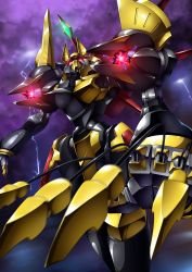 Rule 34 | cable, claws, cloud, cloudy sky, code geass, flying, gamiani zero, gawain (code geass), glowing, glowing eyes, head tilt, highres, knightmare frame, looking up, mecha, no humans, red eyes, robot, science fiction, sky, solo