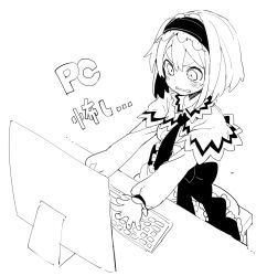 &gt;:( 1girl alice_margatroid angry annoyed capelet computer computer_keyboard frilled_hairband frills from_above frustrated hairband highres lolita_hairband monitor monochrome morino_hon short_hair touhou v-shaped_eyebrows wavy_mouth