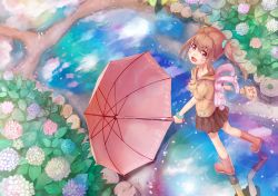 Rule 34 | 1girl, :d, blush, boots, brown eyes, brown hair, flower, from above, hydrangea, kamome yuu, looking at viewer, looking up, musical note, open mouth, original, pink footwear, reflection, rubber boots, short hair, smile, solo, umbrella