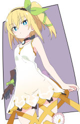 Rule 34 | 1girl, black choker, blonde hair, blue eyes, blush stickers, brown gloves, choker, dress, edna (tales), gloves, green ribbon, hair ribbon, ixy, looking at viewer, purple background, ribbon, short hair, side ponytail, single glove, solo, tales of (series), tales of zestiria, thighs, two-tone background, white background, white dress