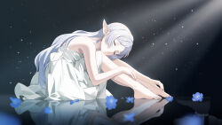 Rule 34 | 1girl, absurdres, barefoot, blue flower, closed eyes, closed mouth, dress, elf, flower, frieren, grey hair, highres, light particles, long hair, mao shi shisan, on ground, pointy ears, reflective floor, sitting, solo, sousou no frieren, white dress