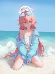 Rule 34 | 1girl, absurdres, ahoge, beach, blue archive, blue eyes, eyewear on head, full body, furioso, halo, heterochromia, highres, hoshino (blue archive), hoshino (swimsuit) (blue archive), long hair, long sleeves, looking at viewer, ocean, off shoulder, open mouth, outdoors, pink hair, sand, shirt, sitting, solo, sunglasses, water, yellow eyes