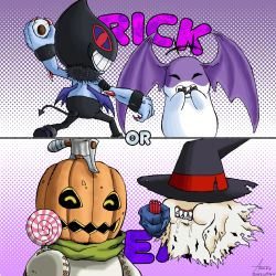 Rule 34 | artist request, candy, cape, demon, digimon, digimon (creature), dracumon, food, ghost, gloves, grin, halloween, hat, highres, holding, holding knife, jack-o&#039;-lantern, knife, multiple boys, no humans, pumpkin, pumpmon, sharp teeth, smile, soulmon, teeth, torn clothes, translation request, trick or treat, tukaimon, wings