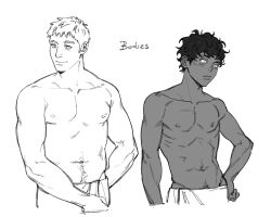 Rule 34 | 2boys, closed mouth, commentary request, dark-skinned male, dark skin, dungeon meshi, english text, greyscale, groin, hand on own hip, highres, jesuistae, kabru, laios touden, looking to the side, male focus, monochrome, multiple boys, navel hair, short hair, simple background, smile, standing, towel, towel around waist, upper body, very short hair, white background