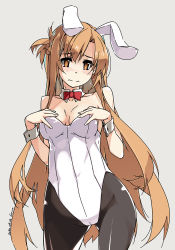 Rule 34 | 1girl, animal ears, asuna (sao), black pantyhose, blush, breasts, brown eyes, brown hair, cowboy shot, dated, detached collar, fake animal ears, gluteal fold, grey background, hands on own hips, highres, leotard, long hair, looking at viewer, medium breasts, pantyhose, playboy bunny, rabbit ears, shikei, solo, strapless, strapless leotard, sword art online, wrist cuffs