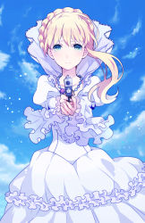 Rule 34 | 10s, 1girl, aiming, aiming at viewer, aldnoah.zero, asseylum vers allusia, bead necklace, beads, bisco9skm, blonde hair, blue eyes, blue sky, braid, crown braid, day, dress, expressionless, frills, gown, gun, handgun, highres, holding, holding gun, holding weapon, jewelry, light particles, long hair, long sleeves, looking at viewer, necklace, sky, solo, tears, two-handed, weapon, white dress, wind
