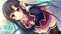 Rule 34 | 1girl, black hair, black jacket, black thighhighs, blush, bow, bowtie, breasts, game cg, hikawa ririna, jacket, jk bitch pakopako life, large breasts, leaning forward, light rays, long hair, long sleeves, looking at viewer, massan, red bow, red bowtie, red eyes, red skirt, school uniform, shirt, skirt, smile, softhouse-seal, source request, standing, sunbeam, sunlight, thighhighs, white shirt, window, yellow bow