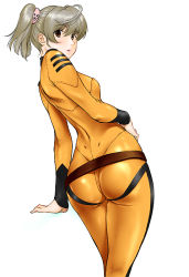 Rule 34 | 10s, 1girl, :o, ahoge, ass, belt, bodysuit, breasts, brown eyes, brown hair, cowboy shot, dimples of venus, dutch angle, food, fruit, grey hair, hair between eyes, hand on own hip, impossible clothes, kneepits, looking at viewer, looking back, misaki yuria, open mouth, orange (fruit), orange theme, red eyes, scrunchie, shinobu (tyno), shiny clothes, short hair, short twintails, simple background, skin tight, small breasts, solo, standing, surprised, tight clothes, turtleneck, twintails, uchuu senkan yamato, uchuu senkan yamato 2199, uniform, white background, wide hips
