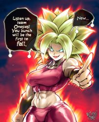 Rule 34 | 1girl, blue eyes, breasts, dragon ball, dragon ball super, ear piercing, earrings, english text, female focus, fusion, green hair, highres, jewelry, kefla (dragon ball), looking at viewer, medium breasts, muscular, muscular female, open mouth, piercing, potara earrings, smile, solo, speech bubble, super saiyan, the golden smurf