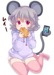 Rule 34 | 1girl, alternate costume, animal ears, barefoot, biting, cellphone, eating, food, grey hair, holding, holding with tail, hood, hoodie, iris anemone, long sleeves, looking at viewer, mouse ears, mouse tail, nazrin, pants, phone, pink thighhighs, prehensile tail, red eyes, short hair, short shorts, shorts, simple background, sitting, smile, solo, tail, text focus, thighhighs, touhou, white background, zettai ryouiki