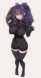 Rule 34 | 1girl, absurdres, ahoge, alternate breast size, alternate hairstyle, black eyes, black thighhighs, blush, breasts, clothing request, commentary, creatures (company), game freak, gungye, hair between eyes, hairband, hex maniac (pokemon), high ponytail, highres, large breasts, laughing, looking at viewer, nintendo, no shoes, open mouth, pokemon, pokemon xy, purple hair, purple hairband, sidelocks, sleeves past wrists, solo, thighhighs, white background
