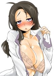 Rule 34 | 1girl, ahoge, akiomi aiko, ascot, austria (hetalia), axis powers hetalia, black hair, blush, bow, bow bra, bra, braid, breasts, brown bra, brown hair, cleavage, collarbone, dress shirt, female focus, french braid, gender request, genderswap, half-closed eyes, highres, huge breasts, lace, lace-trimmed bra, lace trim, lingerie, lips, long hair, long sleeves, looking at viewer, mole, mole under mouth, nose blush, open clothes, open mouth, open shirt, purple eyes, raised eyebrows, shirt, simple background, sleeve cuffs, solo, sweat, underwear, undressing, untied, upper body, white background