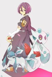 Rule 34 | 1girl, back, bleach, bridal gauntlets, creatures (company), crossover, elbow gloves, from behind, froslass, game freak, gen 4 pokemon, glaceon, gloves, holding, holding poke ball, japanese clothes, kimono, kuchiki rukia, looking at viewer, looking back, nintendo, pochi5, poke ball, pokemon, pokemon (creature), purple eyes, purple hair, short hair, standing