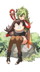 Rule 34 | 1girl, absurdres, baron bunny (genshin impact), black footwear, boots, brown thighhighs, bush, capelet, closed eyes, collei (genshin impact), commentary, full body, genshin impact, grass, green capelet, green hair, grey hair, hair between eyes, hair ornament, highres, holding, hugging object, open mouth, rock, simple background, sitting, solo, symbol-only commentary, tassel, thighhighs, toeless footwear, white background, xiu xxx wu