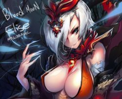 Rule 34 | 1girl, artist request, bandaged arm, bandages, blood moon elise, blue eyes, breasts, brooch, character name, cleavage, detached sleeves, elise (league of legends), eyelashes, female focus, fingernails, gem, gradient background, hair ornament, hair over one eye, jewelry, large breasts, league of legends, long fingernails, looking at viewer, open mouth, red gemstone, ribbon-trimmed sleeves, ribbon trim, sharp fingernails, short hair, silk, smirk, solo, string, underbust, upper body, white hair
