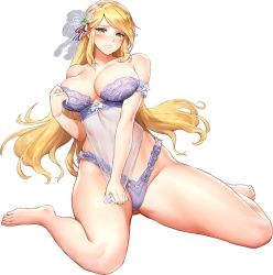 Rule 34 | 1girl, adjusting bra, adjusting clothes, armband, barefoot, blonde hair, blush, bra, breasts, collarbone, covering crotch, covering privates, dress, dress tug, frilled armband, frilled panties, frills, full body, game cg, gem, gluteal fold, green eyes, green gemstone, hair ribbon, heart, highres, indomitable marie, kakiman, large breasts, last origin, linea alba, lingerie, long hair, looking at viewer, official alternate costume, official art, panties, purple armband, purple bra, ribbon, see-through, sitting, solo, tachi-e, thick thighs, thighs, thong, transparent background, transparent ribbon, underwear, underwear only, very long hair, wariza, white ribbon