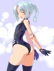 Rule 34 | 10s, 1girl, arms behind back, ass, bad id, bad pixiv id, blue hair, blush, braid, bush, busou shinki, dd (ijigendd), doll joints, closed eyes, fort bragg, fort bragg dusk, gloves, joints, leotard, open mouth, ponytail, short hair, single braid, smile, solo, thighhighs