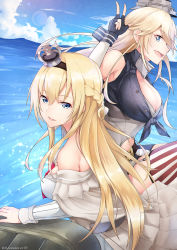 Rule 34 | 10s, 28aarts, 2girls, absurdres, american flag legwear, bare shoulders, blonde hair, blue eyes, braid, breasts, cleavage, crown, fingerless gloves, garter straps, gloves, hairband, headgear, highres, iowa (kancolle), kantai collection, large breasts, long hair, long sleeves, looking at viewer, mini crown, multiple girls, open mouth, star-shaped pupils, star (symbol), symbol-shaped pupils, thighhighs, warspite (kancolle), watermark