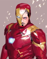 Rule 34 | 1boy, arc reactor, armor, black hair, blue eyes, closed mouth, commentary request, facial hair, full armor, grey background, iron man, iron man (series), korean commentary, looking at viewer, male focus, marvel, multicolored armor, power armor, red armor, redcokk, short hair, simple background, solo, standing, superhero costume, tony stark, v-shaped eyebrows, yellow armor