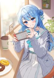 Rule 34 | 1girl, absurdres, blue choker, blue eyes, blue hair, blush, cardigan, choker, commentary request, cup, disposable cup, doughnut, food, grey cardigan, hair bun, handheld game console, highres, holding, holding handheld game console, hololive, hoshimachi suisei, hoshimachi suisei (school uniform), indoors, long hair, long sleeves, looking at viewer, nintendo switch, open cardigan, open clothes, pleated skirt, puffy long sleeves, puffy sleeves, sailor collar, school uniform, serafuku, shirt, sidelocks, sitting, skirt, smile, solo, star (symbol), star in eye, symbol in eye, teeth, virtual youtuber, white sailor collar, white shirt, white skirt, yukiunag1