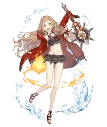 Rule 34 | 1girl, :d, blonde hair, diving mask, diving mask around neck, frills, full body, goggles, instrument, jacket, jacket over swimsuit, ji no, long hair, looking at viewer, navel, official art, open mouth, orange eyes, red riding hood (sinoalice), ribbon, sandals, sinoalice, sleeves past wrists, smile, solo, swimsuit, teeth, transparent background, upper teeth only, water