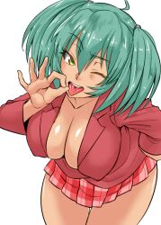 Rule 34 | 1girl, breast press, breasts, dark-skinned female, dark skin, feet out of frame, fellatio gesture, female focus, green eyes, green hair, haiboku, hand on own hip, ikkitousen, jacket, large breasts, long hair, looking at viewer, miniskirt, no bra, ok sign, open mouth, ryofu housen, seductive smile, shiny skin, simple background, skirt, smile, solo, standing, suit jacket, tongue, tongue out, twintails, white background, wide hips