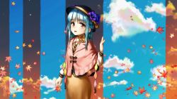 Rule 34 | 1girl, alternate costume, autumn leaves, black hat, black vest, blue flower, blue hair, bow, braid, capelet, choker, cloud, cloudy sky, cowboy shot, day, evening, eyebrows, flower, hat, hat bow, hat flower, highres, hinanawi tenshi, jewelry, leaf, long hair, long sleeves, looking at viewer, maple leaf, open mouth, orange sky, puffy long sleeves, puffy sleeves, red eyes, sidelocks, signature, sky, smile, solo, star (sky), tassel, touhou, vest, welt (kinsei koutenkyoku), yellow bow