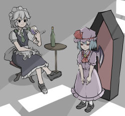 Rule 34 | &lt;o&gt; &lt;o&gt;, 2girls, alcohol, apron, bat wings, blue dress, blue hair, bow, braid, brooch, coffin, commentary, ascot, cup, dress, drinking glass, expressionless, frilled apron, frilled shirt, frilled shirt collar, frilled skirt, frilled sleeves, frills, green bow, hair bow, hat, hat ribbon, highres, holding, holding cup, izayoi sakuya, jewelry, crossed legs, light purple hair, maid, maid apron, maid headdress, medium hair, mob cap, multiple girls, no pupils, pantyhose, peroponesosu., pink dress, puffy short sleeves, puffy sleeves, purple hair, red bow, red eyes, red ribbon, red wine, remilia scarlet, ribbon, ribbon trim, sash, shadow, shirt, short hair, short sleeves, silver hair, skirt, sunlight, table, touhou, twin braids, waist apron, wine, wine glass, wings