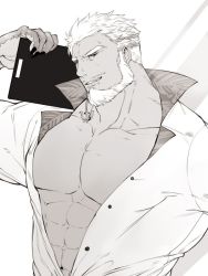 Rule 34 | 1boy, abs, aegir (housamo), anchor earrings, bad id, bad twitter id, bara, beard, collared shirt, earrings, facial hair, fins, greyscale, hair slicked back, hair strand, head tilt, hinokumo f, holding, jewelry, large pectorals, looking at viewer, male focus, monochrome, multicolored hair, muscular, muscular male, navel, open clothes, open shirt, pectoral cleavage, pectorals, shirt, short hair, smile, solo, streaked hair, tokyo houkago summoners, upper body