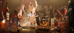 Rule 34 | 1girl, absurdres, alcohol, ata-zhubo, bar (place), blue archive, blue sailor collar, cocktail, cocktail glass, cup, drinking glass, highres, long hair, long sleeves, natsu (blue archive), neckerchief, open mouth, pink hair, red eyes, red neckerchief, sailor collar, school uniform, serafuku, side ponytail, solo, whiskey
