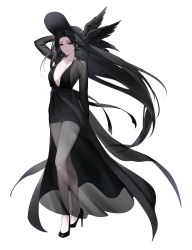 Rule 34 | 1girl, absurdres, arm behind back, arm behind head, black dress, black eyes, black footwear, black hair, dress, female focus, full body, hat, hat ornament, high heels, highres, holding, holding clothes, holding hat, long hair, looking at viewer, original, sabotensuteeki, see-through, see-through sleeves, simple background, sleigh, smile, solo, white background, winged hat