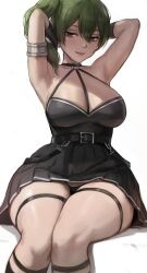 Rule 34 | 1girl, absurdres, armlet, armpits, arms behind head, belt, black choker, black dress, breasts, choker, dress, grey hair, highres, large breasts, looking at viewer, meekohopanes, purple eyes, sitting, smile, solo, sousou no frieren, thick thighs, thigh strap, thighs, ubel (sousou no frieren), white background, wide hips