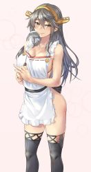 Rule 34 | 1girl, adapted costume, apron, blush, breasts, cleavage, collarbone, commission, gold headband, grey hair, haruna (kancolle), headgear, highres, jewelry, kantai collection, kokuzou, ladle, large breasts, long hair, looking at viewer, naked apron, panties, pink background, pink panties, ring, skeb commission, smile, solo, standing, thighhighs, underwear, upper body, wedding band, yellow eyes