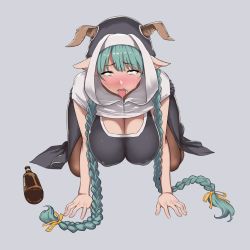 Rule 34 | 10s, 1girl, ahegao, all fours, aqua hair, blush, braid, breasts, cleavage, drunk, covered erect nipples, female focus, granblue fantasy, grey background, hanging breasts, huge breasts, large breasts, long hair, meme50, nun, open mouth, pantyhose, pointy ears, rumredda, simple background, solo, tears, tongue, twin braids