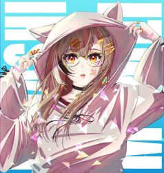 Rule 34 | 1girl, absurdres, animal hood, berry, black choker, blue background, brown hoodie, character name, choker, earrings, ears through headwear, food-themed earrings, glasses, hair ornament, hairclip, highres, hololive, hololive english, hood, hood up, hoodie, ikkitaro, jewelry, light particles, long hair, looking at viewer, multicolored hair, nail polish, nanashi mumei, nanashi mumei (casual), necklace, red shirt, ring, round eyewear, shirt, streaked hair, sweater, upper body, virtual youtuber, white sweater, wide sleeves