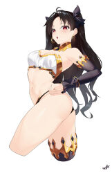 Rule 34 | 1girl, :o, ass, bikini, black hair, black ribbon, black sleeves, breasts, cropped legs, detached sleeves, earrings, fate/grand order, fate (series), from side, gold trim, hair ribbon, highres, hoop earrings, ishtar (fate), jewelry, kurozawa yui, long hair, looking at viewer, mismatched bikini, navel, open mouth, parted bangs, red eyes, ribbon, single detached sleeve, single thighhigh, small breasts, solo, swimsuit, thighhighs, twisted torso, two side up, white background