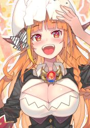 Rule 34 | 1girl, absurdres, ahoge, blonde hair, blunt bangs, blush, bow, braid, breast cutout, breasts, cleavage, commentary request, dragon girl, dragon horns, eggshell, highres, hololive, horn bow, horn ornament, horns, jewelry, kiryu coco, kiryu coco (1st costume), large breasts, long hair, looking at viewer, multicolored hair, necklace, open mouth, orange hair, pointy ears, single braid, solo, striped, striped bow, teeth, tonarikeru, tongue, two-tone hair, upper body, virtual youtuber
