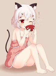 Rule 34 | 1girl, ;q, animal ears, ass, barefoot, blush, cat ears, cat tail, cup, dress, feet, hair ornament, hairclip, heart, highres, legs, muku (muku-coffee), one eye closed, original, panties, pantyshot, red eyes, revision, shiro (muku), short hair, sitting, smile, solo, steam, tail, teacup, toes, tongue, tongue out, underwear, white hair, white panties, wink