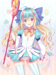 Rule 34 | 1girl, :d, blonde hair, blue bow, blue dress, blue gloves, blue hair, bow, commentary request, cupcake, dress, flat chest, food, frilled bow, frills, gloves, hair between eyes, hair bow, heart, holding, holding staff, kuroe (sugarberry), layered sleeves, little alice (wonderland wars), long hair, long sleeves, multicolored hair, open mouth, panties, pink bow, puffy short sleeves, puffy sleeves, red eyes, round teeth, short over long sleeves, short sleeves, smile, solo, staff, standing, star (symbol), striped background, striped clothes, striped thighhighs, teeth, thighhighs, two-tone hair, underwear, upper teeth only, vertical-striped clothes, vertical-striped thighhighs, very long hair, white panties, wide sleeves, wonderland wars