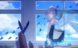 Rule 34 | 1girl, absurdres, arm tattoo, black skirt, blue butterfly, blue eyes, blue hair, blush, bug, butterfly, detached sleeves, hatsune miku, highres, indoors, insect, long hair, mihoranran, necktie, pleated skirt, skirt, sky, smile, solo, tattoo, twintails, very long hair, vocaloid, window